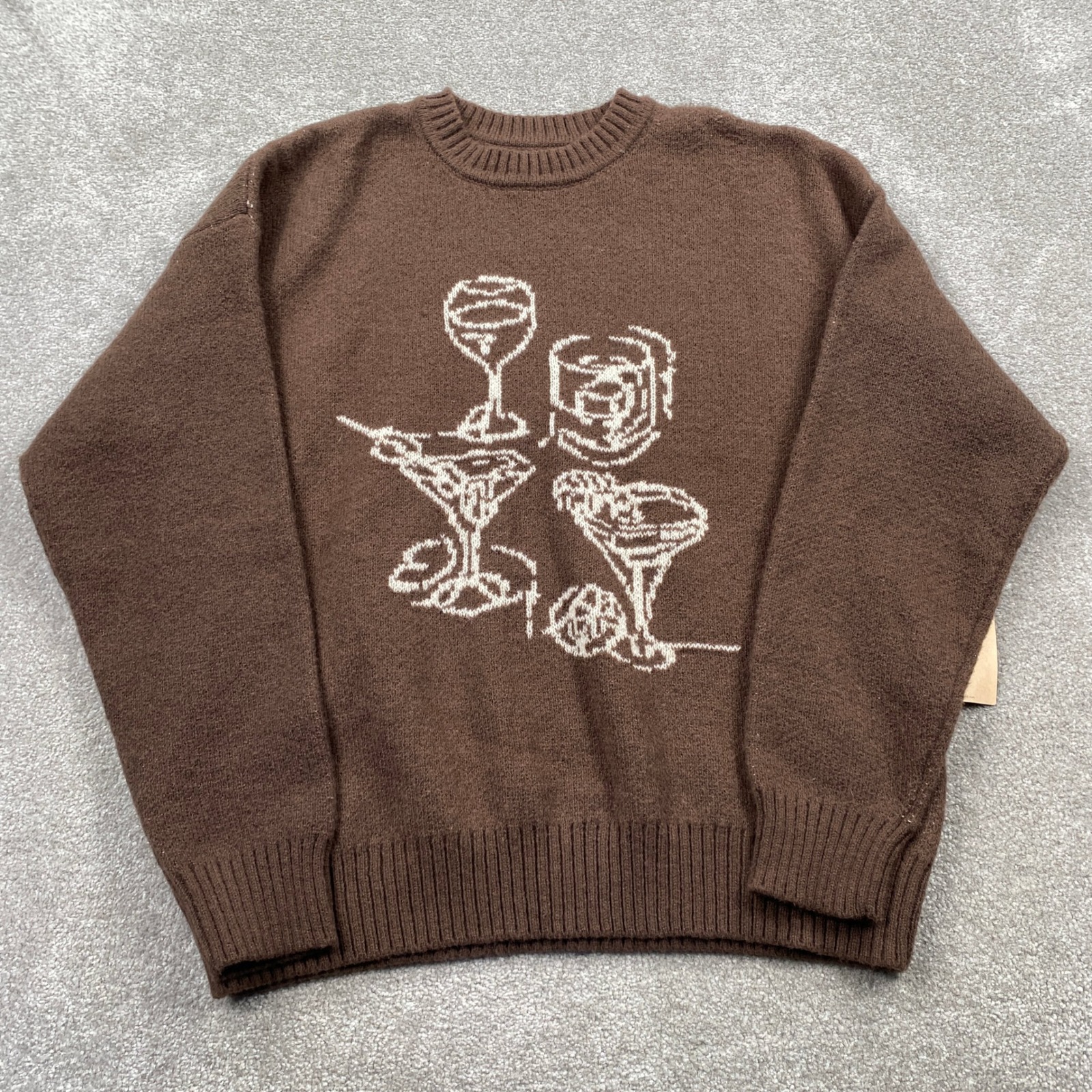 Esc. Cocktail Graphic Sweater Mens Large Brown Intarsia Knit Crewneck Pullover